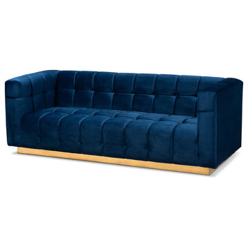 Joetta Glam and Luxe Navy Blue Velvet Fabric Upholstered Brushed Gold Sofa