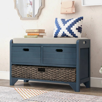 Rustic Storage Bench, Cushioned Seat With 2 Drawers & Lower Baskets, Blue