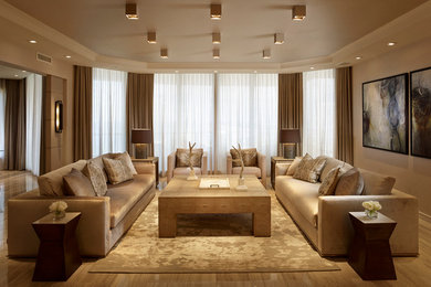 Example of a large transitional open concept marble floor living room design in Miami with brown walls