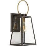 Progress Lighting - Barnett Wall Lantern - Barnett lanterns deliver timeless appeal with a decidedly modern flair. Large clear panes of glass frame your choice of traditional or vintage style bulbs. A graphic-inspired overscaled loop features a contrasting brass-tone finish. Uses (1) 100-watt medium bulb (not included).