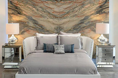 Mid-sized transitional master concrete floor and gray floor bedroom photo in Atlanta with multicolored walls and no fireplace