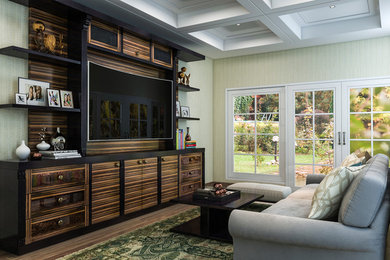 Mid-sized open concept home theater photo in Richmond with a media wall