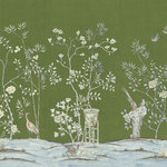 Chinoiserie Wall Mural Chai Wan, Moss, Full Size - Chinoiserie mural depicts large flowers and birds in shades of white and beige on Yellow-Green background. No. of Panels 5 - PW (Panel Width) 36" - DH (Design Height) 72" - PH (Panel Height) 84". Printed on MuralPro wallpaper.