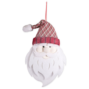 DII 16.1" Modern Styrofoam Hanging Santa with Plaid Hat in White/Red