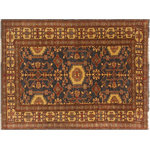 Bareens Designer Rugs - Bohemian Super Kazak Jovan Blue/Gold Wool Rug - 3'11'' x 6'3'' - Embellish your home with this exquisitely hand-knotted Kazak Rug made with the finest hand spun wool and all vegetable dyes. Demonstrating incredible attention to detail, this hand-knotted masterpiece features an intricate Kazak pattern in a classic color palette. Made in the Caucasian designs from Russia and the northern Persian empire, each Kazak incorporates distinctive tribal flavor with elements such as the stepped hooted polygons, geometrical medallions, animals and rosettes. The straight, clean lines and bold tones embody the weaving style of the Armenian and Afghani weavers known for these iconic designs. This magnificent rug featuring soft luscious pile and is made with handspun wool and natural dyes to produces soft luminous shades causing a beautiful sheen. With geometric designs and bold vibrant saturated colors predominately blues, reds, greens, and gold make a bold statement in any decor. The construction technique used ensures that the designs and colors Ae capable to withstand heavy traffic area.