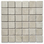 Stone Center Online - Non Slip Shower Floor Tumbled Crema Marfil Marble 2x2 Square Tile, 1 sheet - Color: Crema Marfil Marble (a textured clean creamy beige stone background with tones of yellow, cinnamon, white and even goldish beige soft thin veins);