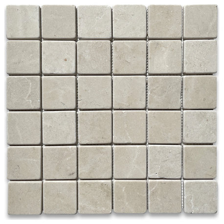 Non Slip Shower Floor Tumbled Crema Marfil Marble 2x2 Square Tile, 1 sheet