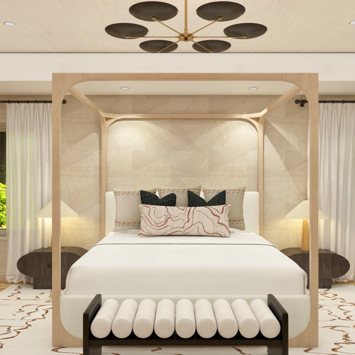 Large minimalist open concept medium tone wood floor, tray ceiling and wallpaper living room photo in DC Metro with beige walls, a stone fireplace and a wall-mounted tv