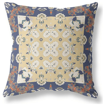 16" X 16" Blue Yellow Broadcloth Floral Throw Pillow