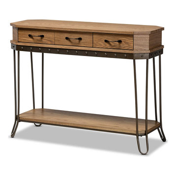 Industrial Console Table, Hairpin Metal Legs With Lower Shelf & 3 Drawers, Brown