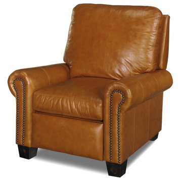 Recliner Chair Brown Tan Leather Wood Nailhead Trim Hand-Crafted U