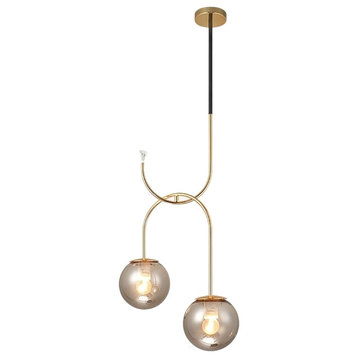 Art Deco Styled Chandelier, Gold, Smoky Gray Glass, Cool Light
