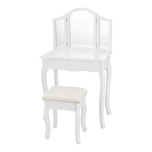 Costway Makeup Table Stool Set Tri Folding Mirror Vanity White