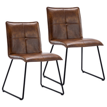 Set of 2 Four-Grid Tufts Sled Legs Dining Chairs, Yellowish-Brown