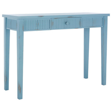 Rustic Console Table, Wood Frame With Fluted Accents & Large Drawer, Blue