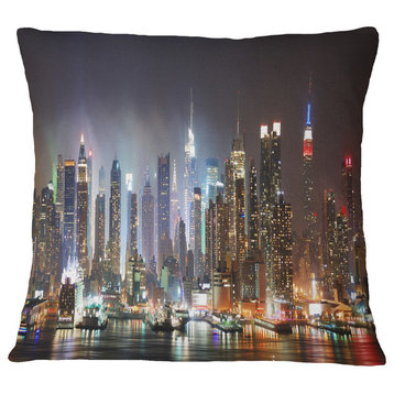 Lit Nyc Manhattan Skyline Cityscape Photo Throw Pillow, 18"x18"