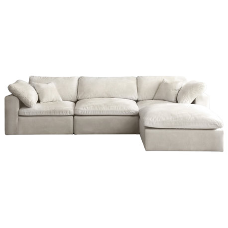 Cozy Velvet Upholstered Comfort L-Shaped Modular Sectional, Cream, 4-Piece: 1 Armless Chair, 2 Corner Chair, 1 Ottoman