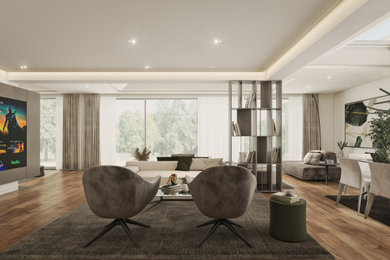 Idee per un grande soggiorno contemporaneo aperto con sala formale, pareti bianche, pavimento in legno massello medio, TV a parete, pavimento marrone e travi a vista