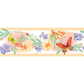 GB50081g8 Floral Butterfly Watercolor Peel and Stick Wallpaper Border 8in x 15ft