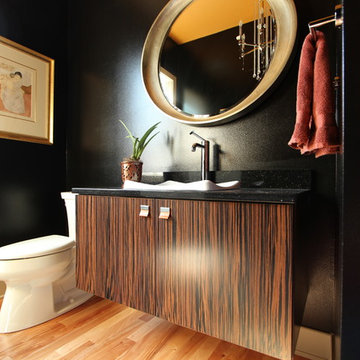 Black Powder Bathroom with Zebra Wood Floating Vanity