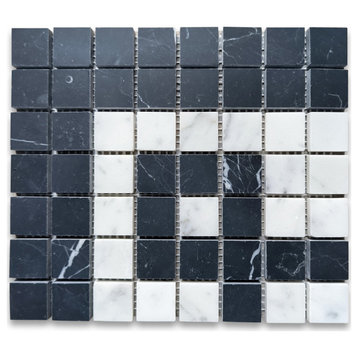 Carrara White Marble Greek Key Mosaic Corner Tile Nero Black Honed, 1 sheet
