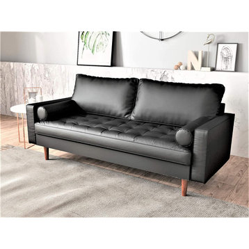 Retro Sofa, Tufted Faux Leather Seat & Bolster Pillows, Midnight Black, 3 Seater