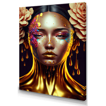 Gold And Black Floral Asian Woman II Canvas, 30x40, No Frame