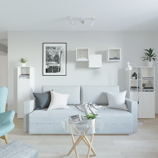 Design ideas for a small scandi open plan living room in Other with grey walls, laminate floors, a wall mounted tv and pink floors.