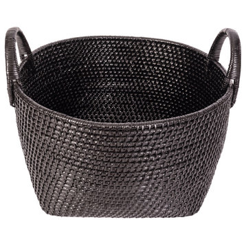 Saboga Home Round Basket With Hoop Handles, Tudor Black, 16.5"x16.5"x9"