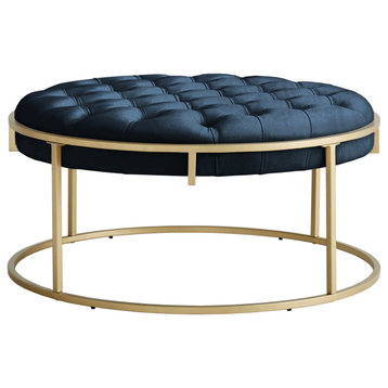 Elegant Ottoman, Golden Base & Round Button Tufted Velvet Seat, Blue