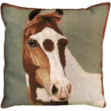 Throw Pillow Needlepoint Horse Right 20x20 Soft Sage Green Cotton