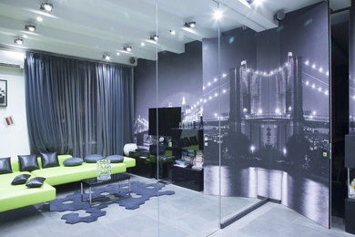 Example of a mid-sized trendy enclosed ceramic tile living room design in Moscow with white walls and a tv stand