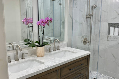 Bathroom - modern master double-sink bathroom idea in New York with a freestanding vanity