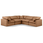 Meridian Furniture - Indulge Upholstered Modular L-Shaped Sectional, Cognac, 5-Piece: 2 Armless Chair, 3 Corner Chair, Fiber Stuffed Vegan Leather - Experience ultimate comfort and style with our cognac vegan leather Indulge Sectional. The luxurious vegan leather will elevate the aesthetic of any room. This sofa provides ample space for you to relax while its modular build offers the option of unlimited configurations. Whether you're looking to add a stylish element to your living room or a comfortable seating option to your bedroom, this sofa is the perfect choice.