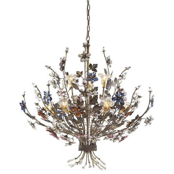 Brillare 9-Light Chandelier, Bronzed Rust And Multi Colored Crystal Florets