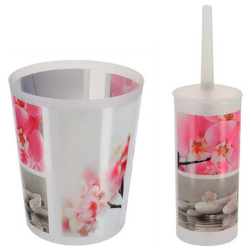 Bathroom Accessory Set - Decorative Plastic Waste Basket and Toilet Brush, Orchid