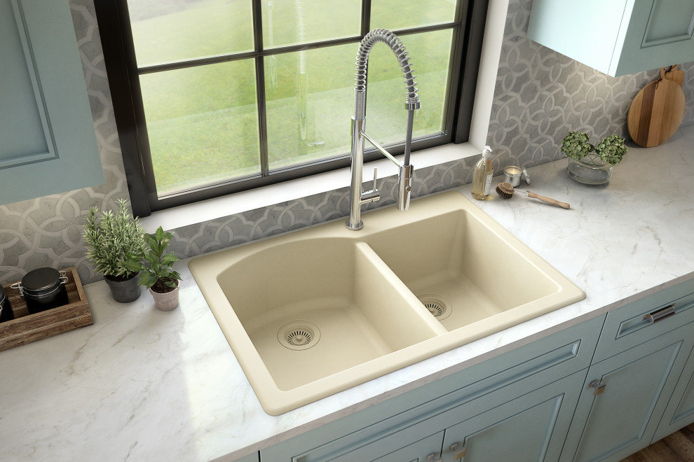 Karran Drop-In Quartz 33" 1-Hole 60/40 Double Bowl Kitchen Sink, Bisque