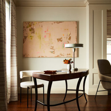 Bedroom with Vintage Desk and Striped Drapery