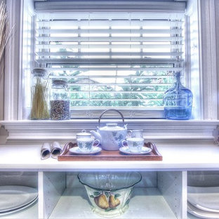 Design ideas for a contemporary kitchen pantry in New York with open cabinets.