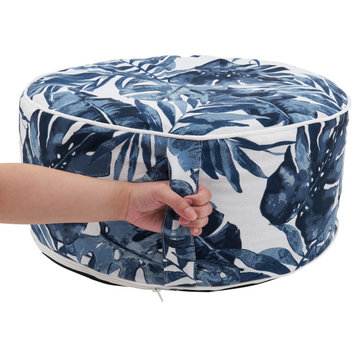 Outdoor Ottoman With Blue Tropic Design, Navy Blue