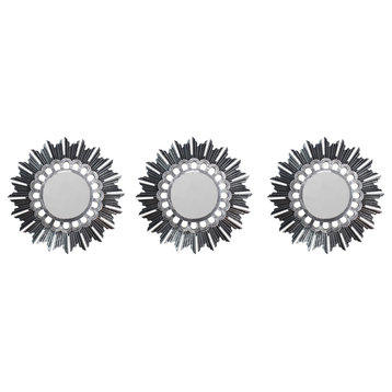 Set of 3 Floral Sunburst Brushed Silver Round Mirrors 9.5"