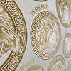 Medusa head Versace Off white gold metallic greek key circles textured Wallpaper, 27 Inc X 33 Ft Roll