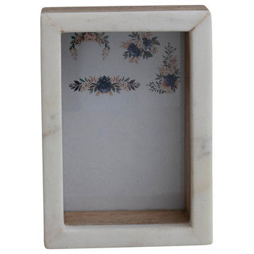 Marble and Wood Shadow Box Photo Frame, White and Natural