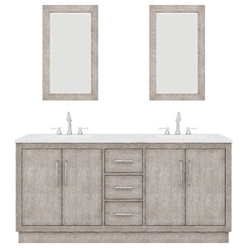 Hugo 72 Double Sink White Marble Countertop Vanity, Gray Oak With Mirrors