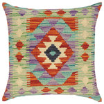 Bareens Designer Rugs - Boho Chic Turkish Daria Hand Woven Kilim Throw Pillow - Embellish your home with this timeless casual chic handmade Southwestern Kilim throw pillow covers made with and cotton. Constructed on a loom by Nomad Turkman people with hand spun and Natural Vegetable dyes these beautiful Kilim pillow covers are known for their beautiful repetitive geometrical, naturalistic floral and traditional patterns yet still giving it a moden look. Masterfully artisan-crafted on traditional Kilim looms with a contemporary fashion palette producing bold intricate sharp patterns making them a standout piece in any decor.