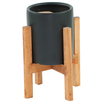 Modern Ceramic Cylinder Pot 5'' Black With Plant Stand Natural Color