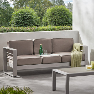 Crested Bay Outdoor Aluminum 3 Seater Sofa With Sunbrella Cushions, Silver/Taupe