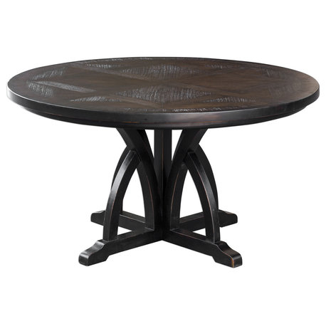 Elegant Black Wood Diamond Arch Round Dining Table, 4 6 Seat Entry Classic