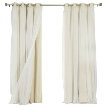 Grommet Blackout Curtains With Tulle Overlay, Beige, 108"