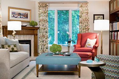 Mid-sized transitional enclosed dark wood floor family room photo in Toronto with a corner fireplace and a stone fireplace